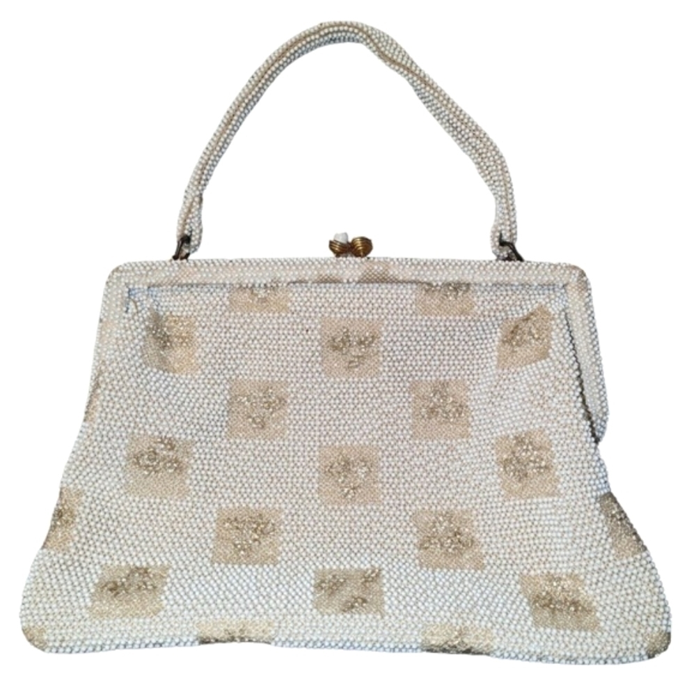 Vintage Lumured Beaded Handbag Cream And Gold